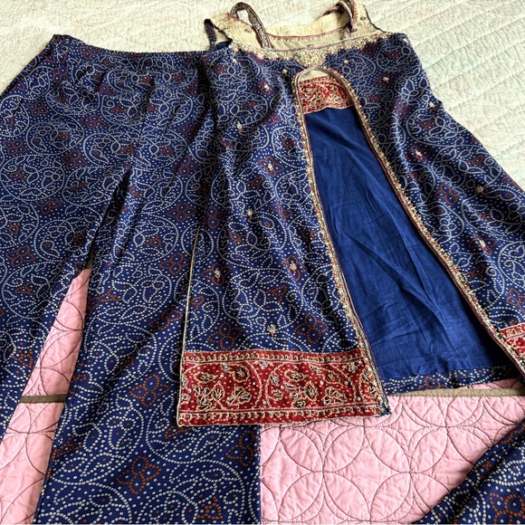 Embroidered Blue and Red Sleeveless palazzo suit - Picture 2 of 7